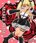  1girl \m/ bare_shoulders blonde_hair blush boots character_name choker dead_or_alive_5 detached_sleeves gothic_lolita hair_ribbon knees_together_feet_apart lolita_fashion long_hair marie_rose najaran_(pixiv) ribbon skirt small_breasts smile solo tan thigh_strap twintails 