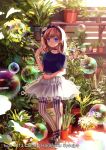  1girl blue_eyes brown_hair bubble choker cross-laced_footwear freckles hairband long_hair original plant potted_plant skirt solo sougishi_ego striped striped_legwear thigh_strap vertical-striped_legwear vertical_stripes 