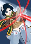  1girl absurdres animal_ears bandaid black_hair blue_eyes gloves highres kanno_naoe laser leather_jacket scarf simple_background solo strike_witches striker_unit 