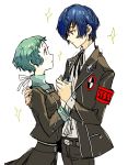  1boy 1girl arisato_minato blue_hair couple green_hair holding_hands hug persona persona_3 school_uniform sparkle sutei_(giru) yamagishi_fuuka yuuki_makoto 