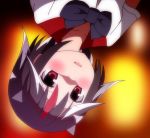  1girl anime_coloring black_hair blush bow fang horns kijin_seija micmcos multicolored_hair open_mouth shaded_face short_sleeves smile touhou upside-down 
