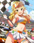  1girl :d armlet audience blonde_hair breasts camera_flash car cleavage confetti earrings fingerless_gloves flag gloves green_eyes hoshii_miki idolmaster idolmaster_million_live! jewelry long_hair looking_at_viewer midriff motor_vehicle navel official_art open_mouth racecar racequeen racetrack racing skirt smile vehicle visor_cap 