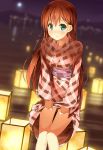  1girl aqua_eyes highres japanese_clothes kimono lantern long_hair night orange_hair skirt skirt_lift smile solo water 