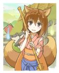  1girl animal_ears blue_eyes blush blush_stickers broom brown_hair fox_ears fox_tail hakama hitodama ichi_hachi_rei_rei japanese_clothes kimono looking_at_viewer multiple_tails original sleeves_rolled_up solo tail 