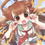  1girl biyon brown_eyes brown_hair fangs kantai_collection kuma_(kantai_collection) long_hair looking_at_viewer neckerchief open_mouth school_uniform serafuku shirt shorts solo very_long_hair 