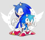 2boys :d chiro_(pez777) dual_persona gloves green_eyes hand_on_hip looking_at_another multiple_boys no_humans open_mouth sega shoes smile sneakers socks sonic sonic_the_hedgehog younger 