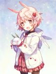  1girl animal_ears black_legwear coat fang h2so4 hair_ornament looking_at_viewer mittens open_mouth original pantyhose pink_eyes pink_hair rabbit_ears rough short_hair side_ponytail smile snow_bunny solo 