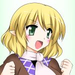  1girl blonde_hair blush bust clenched_hands facing_away gradient gradient_background green_background green_eyes highres mizuhashi_parsee open_mouth pointy_ears scarf short_hair simple_background solo touhou tsukemen 