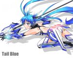  1girl blue_eyes blue_hair blush bodysuit character_name er34skyline eyelashes flying happy long_hair looking_at_viewer ore_twintail_ni_narimasu polearm simple_background smile solo spear tagme tail_blue twintails weapon white_background 