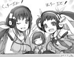  3girls backpack bag bandaid dual_persona fang hachikuji_mayoi hanekawa_tsubasa headphones horie_yui kabukimonogatari katou_emiri long_hair microphone monochrome monogatari_(series) multiple_girls piro_(artist) seiyuu_connection short_hair twintails wink 