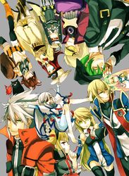  4boys ahoge animal_ears blazblue blonde_hair bodysuit cape eyepatch fujino_sato gii green_eyes green_hair hazama heterochromia highres jin_kisaragi lambda-11 makoto_nanaya mask mecha_musume multiple_boys multiple_girls nago noel_vermillion nu-13 platinum_the_trinity rachel_alucard ragna_the_bloodedge red_eyes relius_clover silver_hair squirrel_ears squirrel_tail tail tsubaki_yayoi visor 