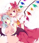  2girls ascot bat_wings blonde_hair blue_hair bow flandre_scarlet hat hat_bow holding_hands interlocked_fingers looking_at_viewer looking_back mob_cap mugi_wata multiple_girls pink_eyes puffy_sleeves remilia_scarlet shirt short_sleeves siblings side_ponytail simple_background sisters skirt skirt_set touhou turning vest white_background wings 