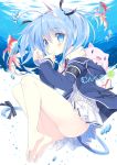  1girl animal_ears bare_shoulders barefoot blue_eyes blue_hair bubble cat cat_ears cat_tail fish hoodie original ribbon short_hair short_twintails solo tail takahashi_tetsuya twintails underwater 