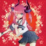  1girl blue_eyes fate/extra_ccc fate_(series) horns lancer_(fate/extra_ccc) long_hair pink_hair pointy_ears school_uniform serafuku solo tsuyudakudakunarin two_side_up wink 