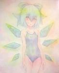  1girl acrylic_paint_(medium) blue_eyes blue_hair bow cirno graphite_(medium) hair_bow highres ice ice_wings one-piece_swimsuit school_swimsuit short_hair smile solo swimsuit touhou traditional_media watercolor_(medium) wings yuyu_(00365676) 