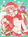  1girl blue_eyes christmas gloves hat hiro_(hirohiro31) long_hair midriff original pink_hair santa_costume santa_hat solo 