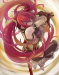  1girl 2013 belt dated detached_sleeves fighting_stance fingerless_gloves fire_emblem fire_emblem:_kakusei from_above frown gloves glowing glowing_eyes greaves hair_between_eyes holding long_hair looking_at_viewer otoka_hisagi pants red_eyes redhead selena_(fire_emblem:_kakusei) serious shield signature solo sword twintails vertical_stripes weapon 