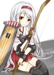  1girl blush boots bow_(weapon) hair_ribbon hairband japanese_clothes kantai_collection long_hair miko muneate nobinonki personification ribbon shoukaku_(kantai_collection) silver_hair sitting skirt smile solo thigh_boots thighhighs weapon white_hair yellow_eyes 