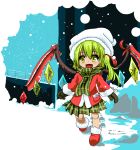  1girl akure_ekuto alternate_costume blonde_hair child flandre_scarlet footprints gloves hair_ribbon hat highres jacket long_sleeves open_mouth red_shoes ribbon scarf shirt shoes side_ponytail smile snow snowing solo touhou walking wing_warmers wings winter_clothes yellow_eyes younger 