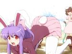  2girls alternate_hairstyle animal_ears bow carrot dress hair_bow hose inaba_tewi jewelry long_hair multiple_girls necklace necktie ponytail purple_hair rabbit_ears red_eyes reisen_udongein_inaba rope shirosato short_hair skirt smile tail thighhighs touhou water white_legwear 