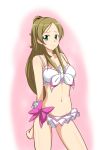  1girl alternate_costume bikini cure_rhythm cure_rhythm_(cosplay) green_eyes green_hair half_updo happy highres jabara921 long_hair looking_at_viewer minamino_kanade navel ponytail precure ribbon simple_background sketch smile solo standing suite_precure swimsuit white_background 