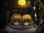  2girls ? alice_margatroid blonde_hair blue_eyes book bookshelf box cardboard_box clip cup doll frown futon head_to_head headband indoors jar karioda kirisame_marisa lamp looking_at_another marker multiple_girls open_book open_mouth pillow pocket_watch pointing reading short_hair side_glance star suitcase touhou under_covers watch window yellow_eyes 