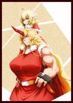  2girls alternate_costume belt blonde_hair breasts capelet carrying frame green_eyes hands_on_hips highres horn hoshiguma_yuugi huge_breasts long_hair mizuhashi_parsee multiple_girls muscle pointy_ears red_boots red_eyes santa_costume shackle shoulder_carry size_difference touhou very_long_hair yuuki_(yukigeshou_hyouka) 