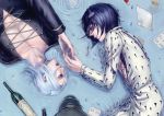  2boys black_hair bob_cut bottle bruno_bucciarati hat highres hukanzenprj jojo_no_kimyou_na_bouken leone_abbachio long_hair multiple_boys partially_submerged pill realistic silver_hair syringe 