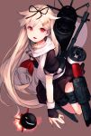  1girl blonde_hair fang fingerless_gloves gloves hair_ornament hair_ribbon hairclip highres junwool kantai_collection long_hair looking_at_viewer open_mouth red_eyes ribbon scarf school_uniform serafuku short_sleeves skirt solo torpedo yuudachi_(kantai_collection) 