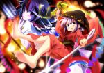  2girls :p ayase_midori barefoot black_hair blush bowl feet horns japanese_clothes kijin_seija kimono mallet multicolored_hair multiple_girls needle obi open_mouth purple_hair red_eyes redhead short_hair short_sleeves smile sukuna_shinmyoumaru tongue touhou violet_eyes 