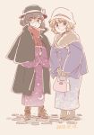  2girls alternate_costume bag bespectacled black_eyes black_hair blonde_hair boots coat glasses handbag hat japanese_clothes kimono maribel_hearn mitsumoto_jouji multiple_girls scarf smile touhou usami_renko violet_eyes 