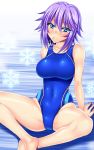  1girl anzu_(onelelee) blue_eyes candy competition_swimsuit highres indian_style lollipop mouth_hold one-piece_swimsuit purple_hair rosario+vampire shirayuki_mizore short_hair sitting swimsuit 