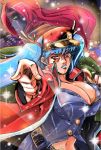  araki_hirohiko_(style) belt blue_hair box breasts christmas cleavage deeple gift gift_box hair_ornament hat jacket jaina_preventer jojo_no_kimyou_na_bouken jojo_pose large_breasts long_hair luthica_preventer parody pose red_eyes redhead ribbon sack stand_(jojo) style_parody sword_girls twintails yellow_eyes 