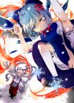  2girls ahoge anger_vein ankle_ribbon battle bloomers blue_eyes blue_hair bow cirno clenched_teeth dress fiery_background fire flying from_above fujiwara_no_mokou hair_bow highres kneehighs lavender_hair leg_up long_hair looking_at_another looking_up multiple_girls ofuda pants parted_lips raised_hand red_eyes shadow short_hair short_sleeves side_glance skirt_hold snowflakes sofy suspenders tears touhou underwear very_long_hair wings 