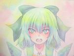  1girl acrylic_paint_(medium) blue_eyes blue_hair bow cirno graphite_(medium) hair_bow ice ice_wings open_mouth short_hair solo teeth touhou traditional_media watercolor_(medium) wings yuyu_(00365676) 