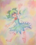  1girl acrylic_paint_(medium) barefoot blue_eyes blue_hair bow cirno dress graphite_(medium) hair_bow highres ice ice_wings open_mouth short_hair solo teeth touhou traditional_media watercolor_(medium) wings yuyu_(00365676) 