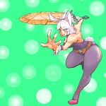  1girl :p alternate_costume animal_ears bare_shoulders belt carrot green_background league_of_legends orange_eyes pantyhose rabbit_ears riven_(league_of_legends) short_hair solo sword thick_thighs thighs tongue trome weapon white_hair 