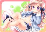  1girl animal_ears barefoot blush bow brown_hair hair_bow long_hair midriff mutou_mato navel open_clothes open_mouth open_shirt original panties skirt solo tail underwear violet_eyes 