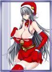  1girl armpits bell belt bracelet breasts cleavage detached_collar detached_sleeves frame gengoroh hat jewelry large_breasts long_hair santa_costume santa_hat selvaria_bles senjou_no_valkyria silver_hair solo star thighhighs zettai_ryouiki 