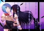  2girls akemi_homura akuma_homura black_hair blue_eyes blue_hair chin_grab drink feathers hair_ribbon hidden_eyes jewelry letterboxed long_hair mahou_shoujo_madoka_magica mahou_shoujo_madoka_magica_movie miki_sayaka multiple_girls pantyhose ribbon school_uniform sen-asanagi short_hair single_earring sitting spoilers straw 