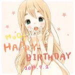  1girl 2012 blonde_hair blush dress eyebrows green_eyes happy_birthday k-on! kotobuki_tsumugi long_hair mizutamako open_mouth solo star 