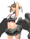  1girl arm_up bare_shoulders blush breasts brown_eyes brown_hair chain gloves headgear kantai_collection midriff mutsu_(kantai_collection) navel personification short_hair skirt smile solo white_gloves yasu_(yossy) 