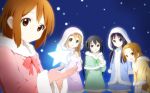  5girls akiyama_mio black_eyes black_hair blonde_hair blush bow brown_eyes brown_hair eyebrows glowing hairband hirasawa_yui hood k-on! kisuke_(akutamu) kotobuki_tsumugi long_hair multiple_girls nakano_azusa short_hair skirt smile star tainaka_ritsu twintails 