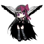  1girl akemi_homura akuma_homura black_hair dress elbow_gloves gloves hair_ribbon long_hair mahou_shoujo_madoka_magica pixel_art ribbon shoes smile spoilers thighhighs violet_eyes wings 