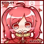  1girl ahoge alternate_color alternate_eye_color alternate_hair_color blush blush_stickers character_name chibi fire_emblem fire_emblem:_kakusei hands_on_own_face heart hooded_cloak long_coat looking_at_viewer my_unit red_eyes redhead solo super_smash_bros. twintails valentine 