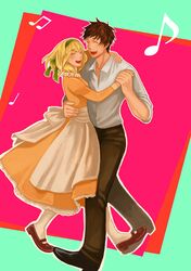  1boy 1girl apron axis_powers_hetalia belgium_(hetalia) blonde_hair blush bow brown_hair closed_eyes dancing dress flower hair_bow hair_ribbon hairband musical_note pantyhose ribbon short_hair smile spain_(hetalia) waist_apron white_legwear 