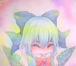  1girl acrylic_paint_(medium) blue_hair bow cirno closed_eyes graphite_(medium) hair_bow ice ice_wings short_hair solo tongue tongue_out touhou traditional_media watercolor_(medium) wings yuyu_(00365676) 