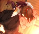  1boy 1girl blush graytea hakuouki_shinsengumi_kitan japanese_clothes kimono lap_pillow ponytail saitou_hajime_(hakuouki) yukimura_chizuru 