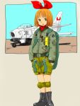  airplane annaka_haruna boots bow hair_bow highres hyakute_gyojin jacket knee_pads nichijou oversized_clothes parachute pilot shorts 