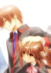  1boy 1girl bell blush brown_hair hair_bell hair_ornament hand_on_head little_busters!! long_hair natsume_kyousuke natsume_rin petting ponytail pout red_eyes ribbon school_uniform short_hair smile tagme zen 